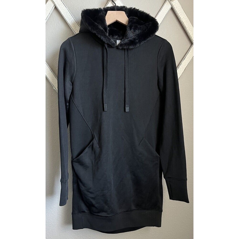 Athleta Women's XS Triumph Luxe Shine Pullover Hoodie Dress Black Lined Hood